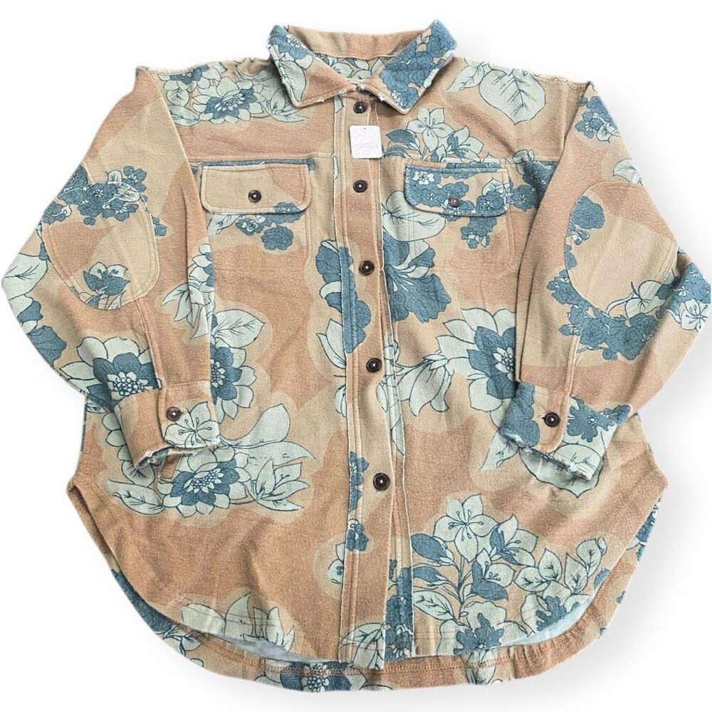 Free People Printed Ruby Jacket Shacket Tan Combo Womens size Large $178 MSRP